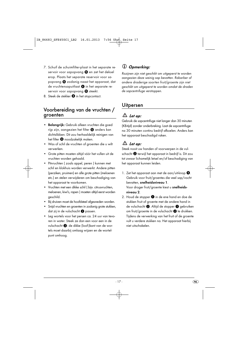 Voorbereiding van de vruchten / groenten, Uitpersen | Silvercrest SFE 450 C1 User Manual | Page 20 / 52