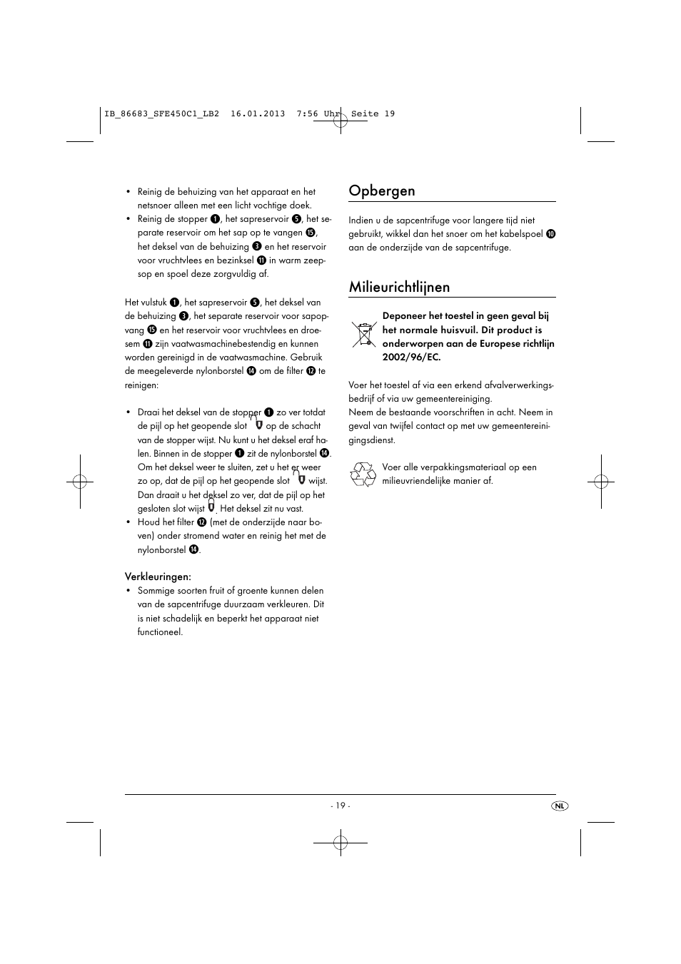 Opbergen, Milieurichtlijnen | Silvercrest SFE 450 C1 User Manual | Page 22 / 52