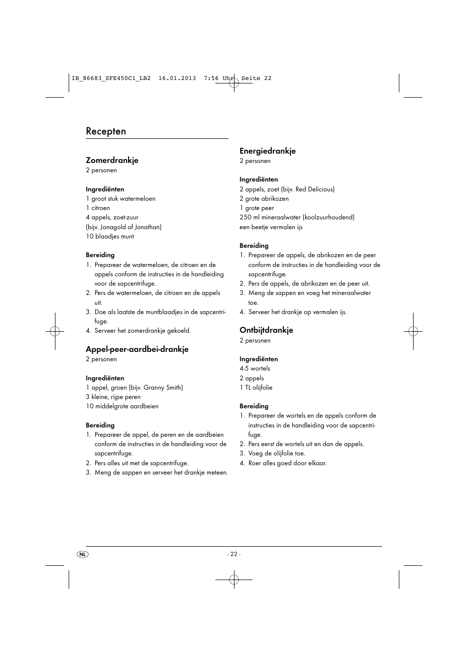 Recepten, Zomerdrankje, Appel-peer-aardbei-drankje | Energiedrankje, Ontbijtdrankje | Silvercrest SFE 450 C1 User Manual | Page 25 / 52