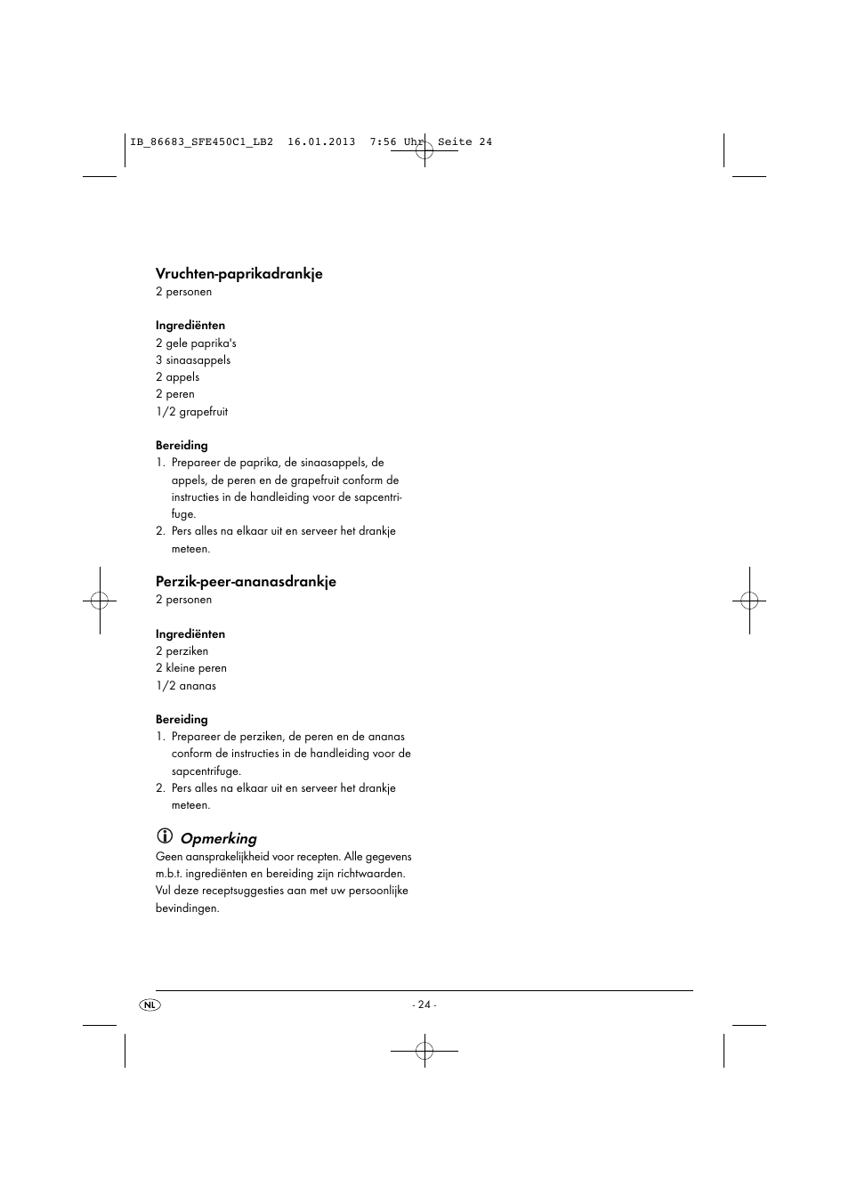 Vruchten-paprikadrankje, Perzik-peer-ananasdrankje, Opmerking | Silvercrest SFE 450 C1 User Manual | Page 27 / 52