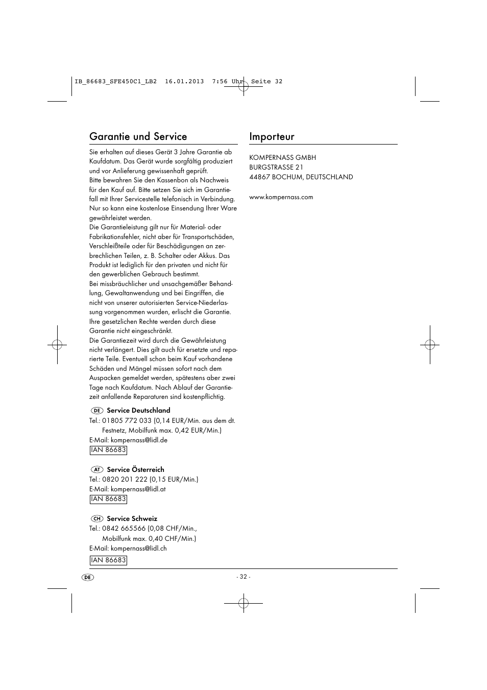 Garantie und service, Importeur | Silvercrest SFE 450 C1 User Manual | Page 35 / 52