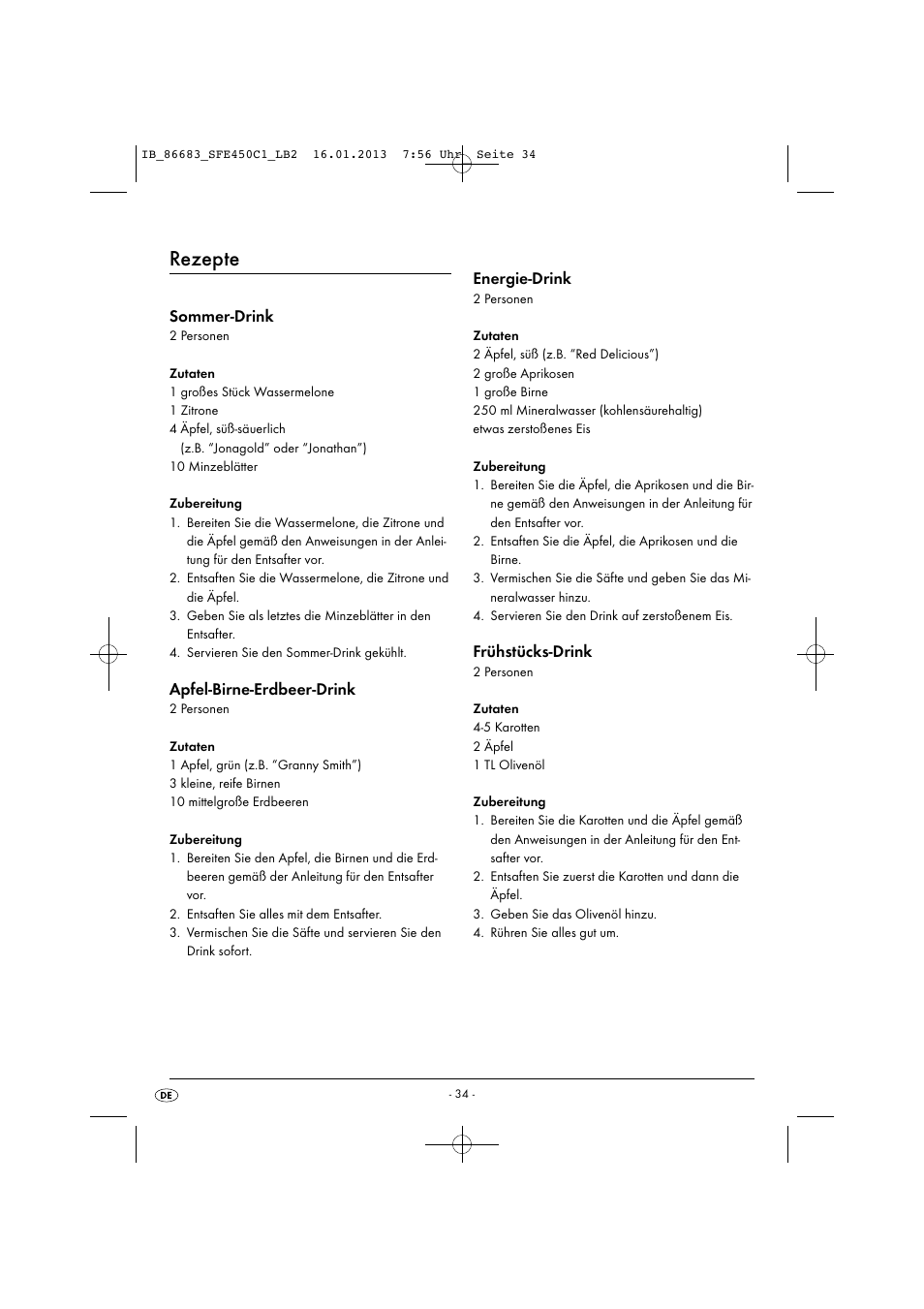 Rezepte, Sommer-drink, Apfel-birne-erdbeer-drink | Energie-drink, Frühstücks-drink | Silvercrest SFE 450 C1 User Manual | Page 37 / 52