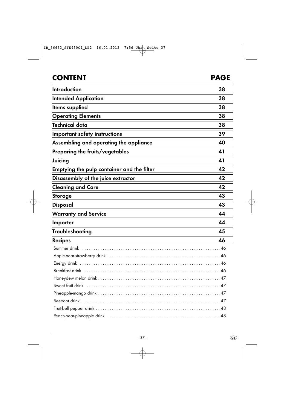Content page | Silvercrest SFE 450 C1 User Manual | Page 40 / 52