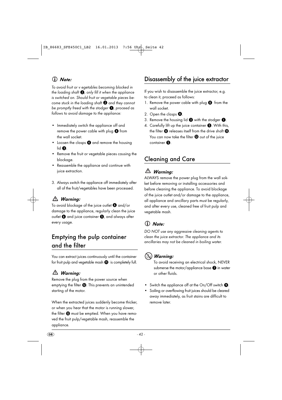 Emptying the pulp container and the filter, Disassembly of the juice extractor, Cleaning and care | Silvercrest SFE 450 C1 User Manual | Page 45 / 52