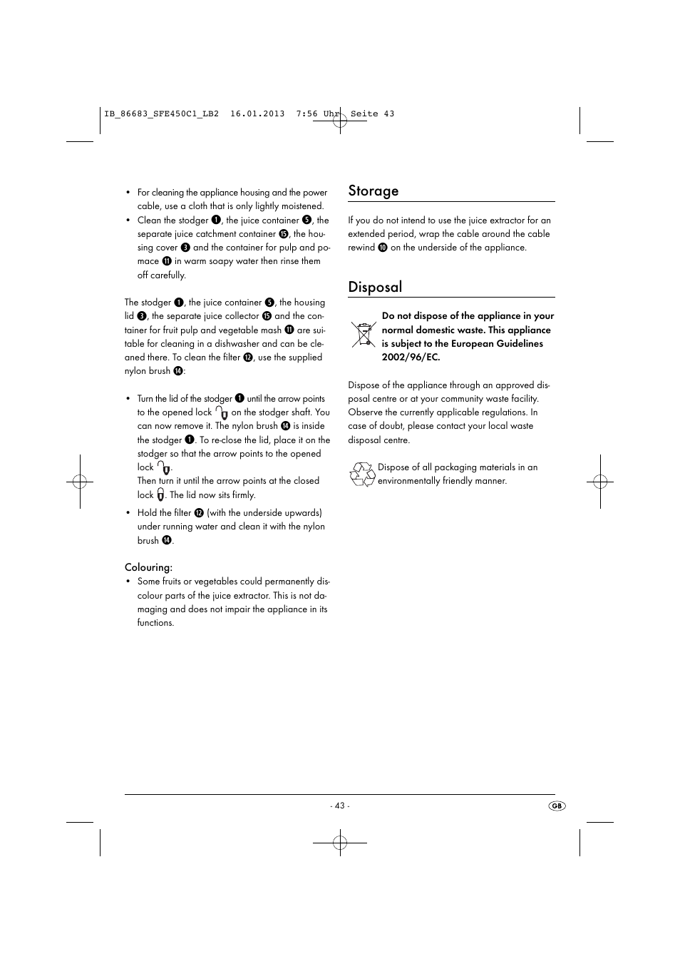 Storage, Disposal | Silvercrest SFE 450 C1 User Manual | Page 46 / 52