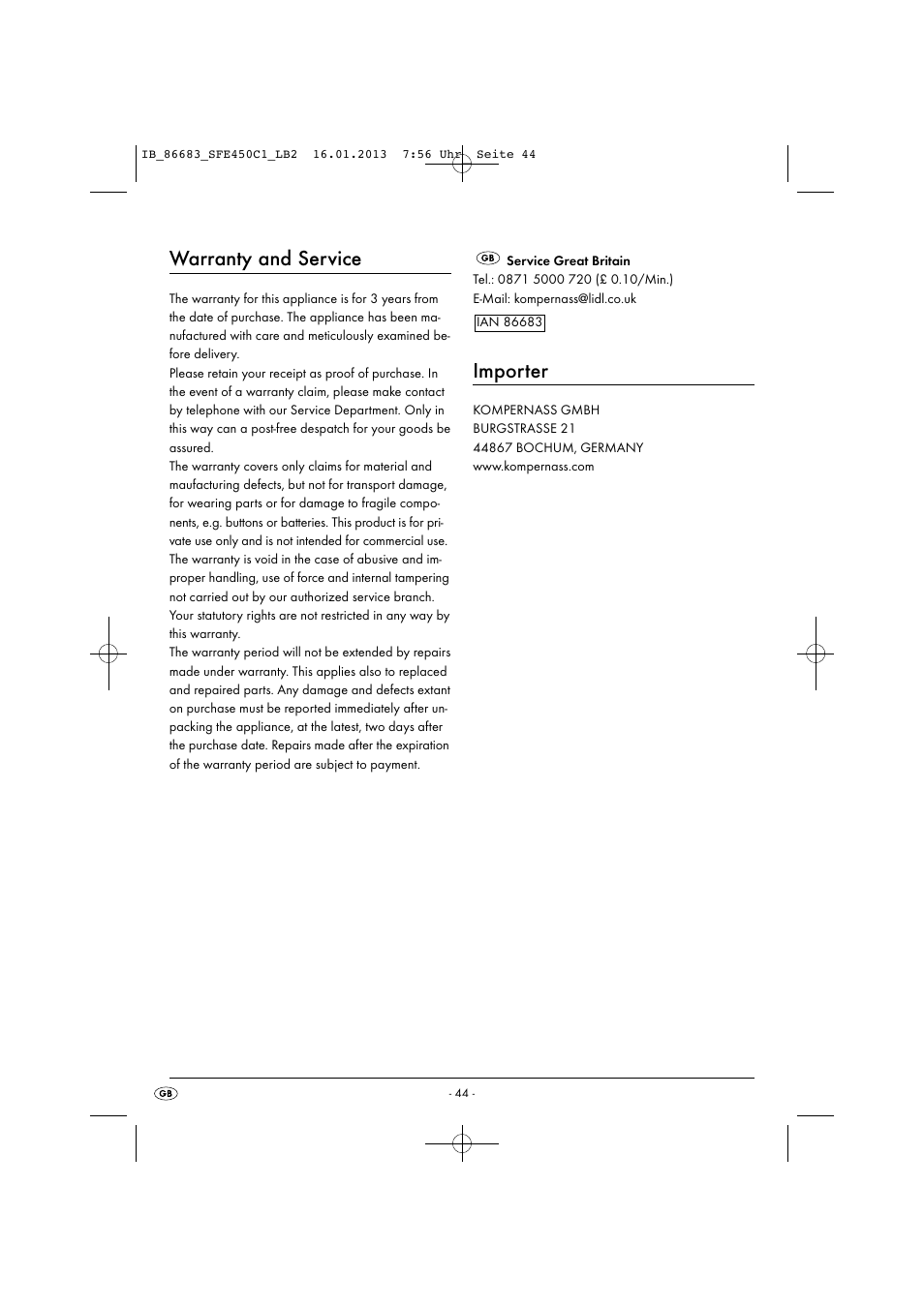 Warranty and service, Importer | Silvercrest SFE 450 C1 User Manual | Page 47 / 52