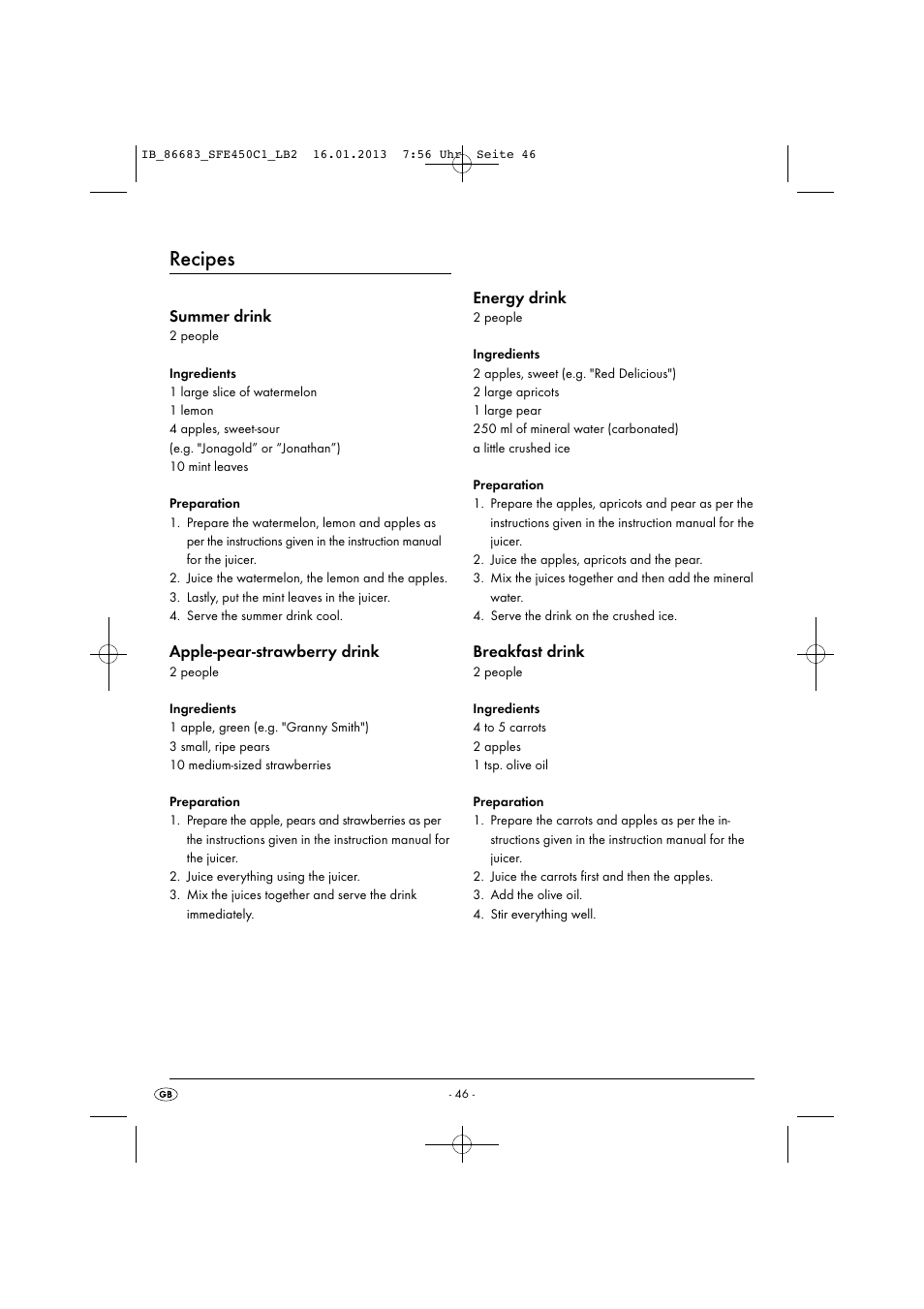 Recipes, Summer drink, Apple-pear-strawberry drink | Energy drink, Breakfast drink | Silvercrest SFE 450 C1 User Manual | Page 49 / 52