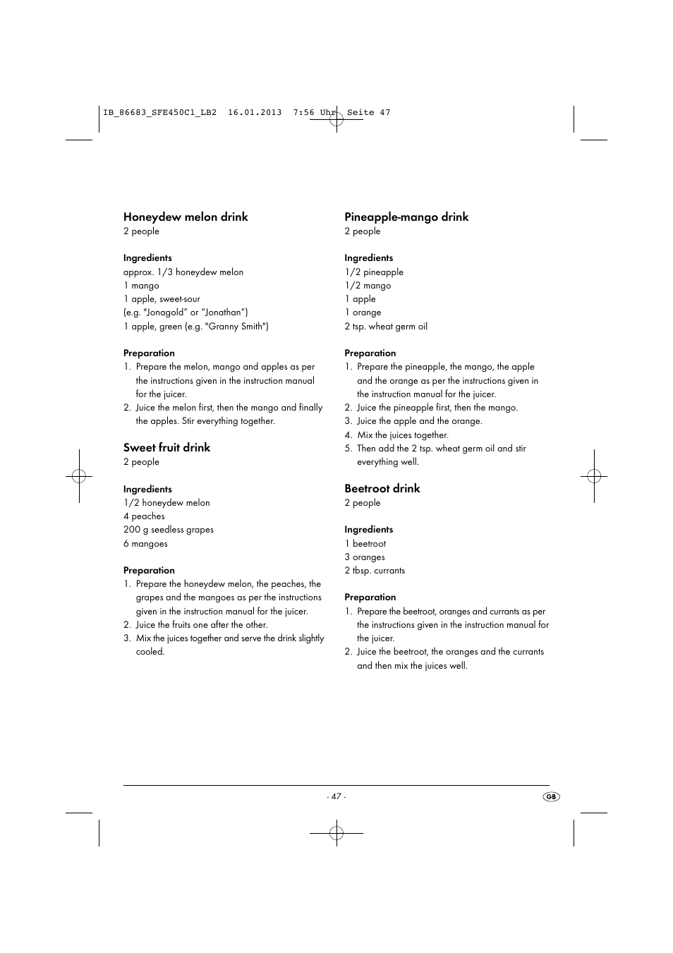 Honeydew melon drink, Sweet fruit drink, Pineapple-mango drink | Beetroot drink | Silvercrest SFE 450 C1 User Manual | Page 50 / 52