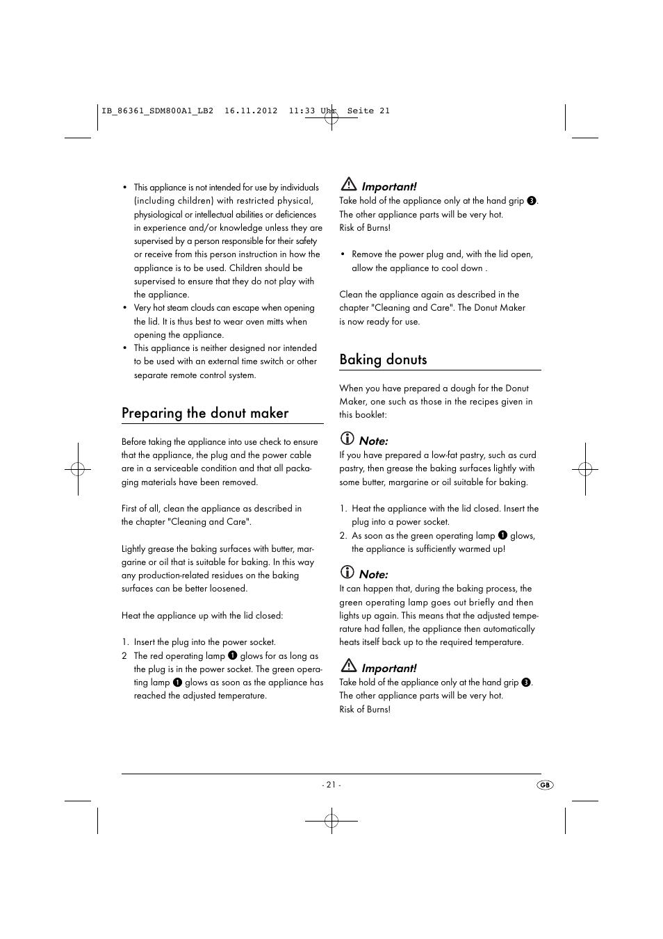 Preparing the donut maker, Baking donuts, Important | Silvercrest SDM 800 A1 User Manual | Page 24 / 28