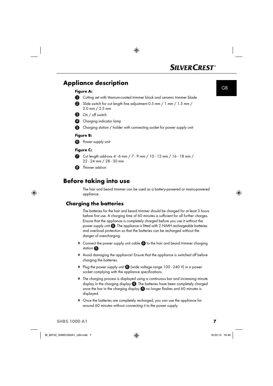 Appliance description, Before taking into use, Charging the batteries | Silvercrest SHBS 1000 A1 User Manual | Page 10 / 87