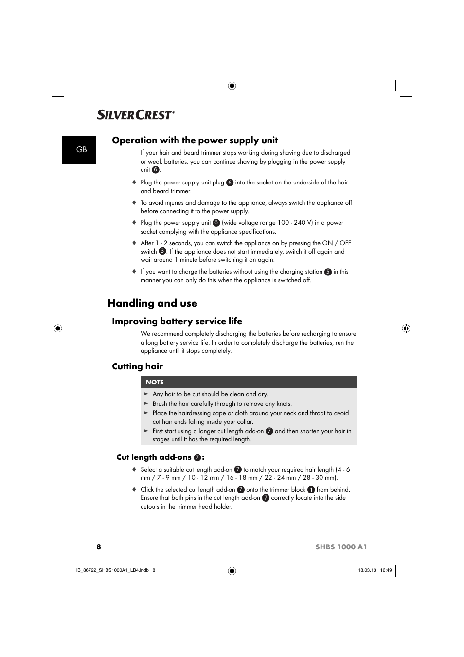 Handling and use, Operation with the power supply unit, Improving battery service life | Cutting hair, Cut length add-ons | Silvercrest SHBS 1000 A1 User Manual | Page 11 / 87