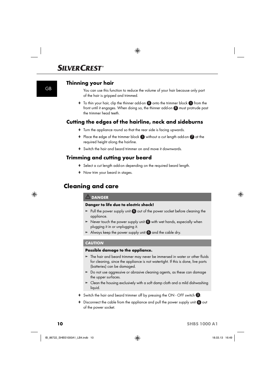 Cleaning and care, Thinning your hair, Trimming and cutting your beard | Silvercrest SHBS 1000 A1 User Manual | Page 13 / 87