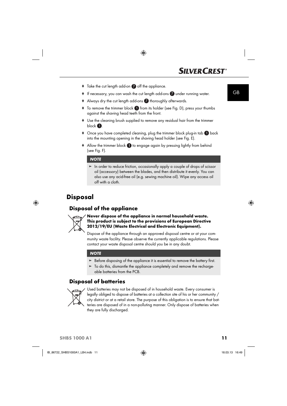 Disposal, Disposal of the appliance, Disposal of batteries | Silvercrest SHBS 1000 A1 User Manual | Page 14 / 87