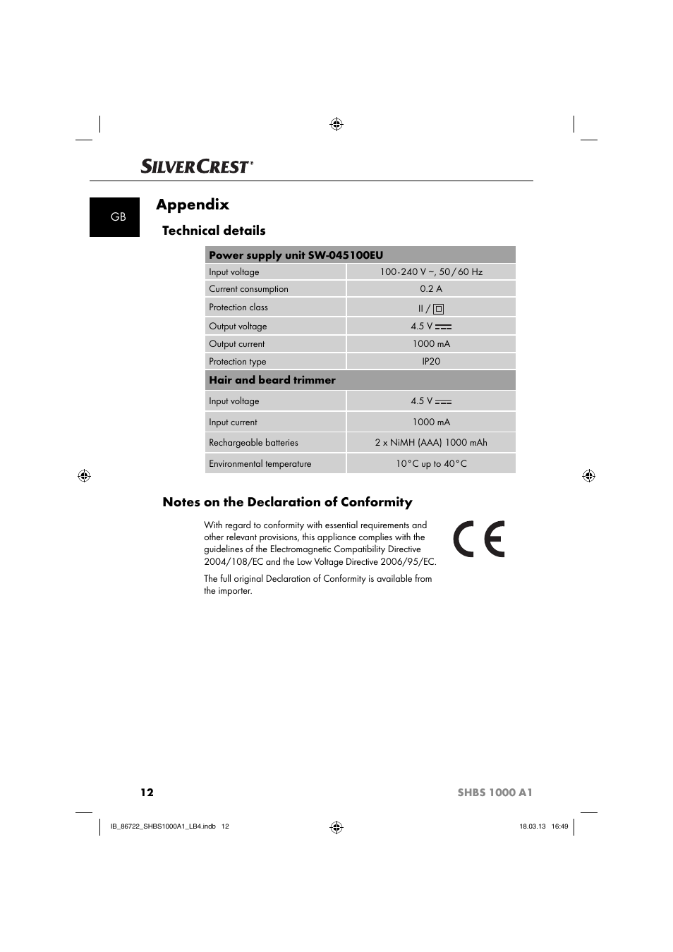 Appendix, Technical details | Silvercrest SHBS 1000 A1 User Manual | Page 15 / 87