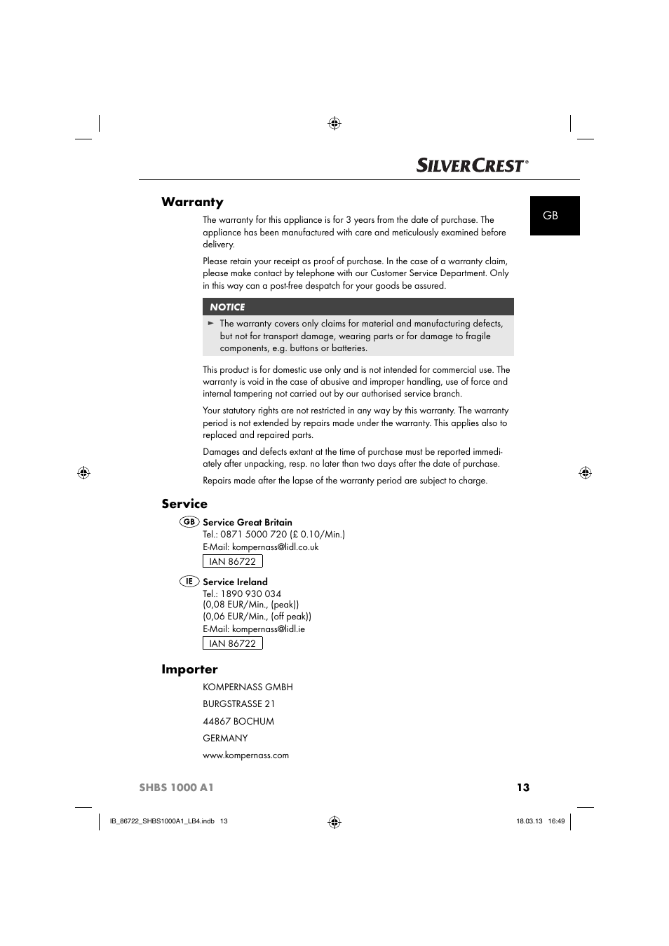 Warranty, Service, Importer | Silvercrest SHBS 1000 A1 User Manual | Page 16 / 87