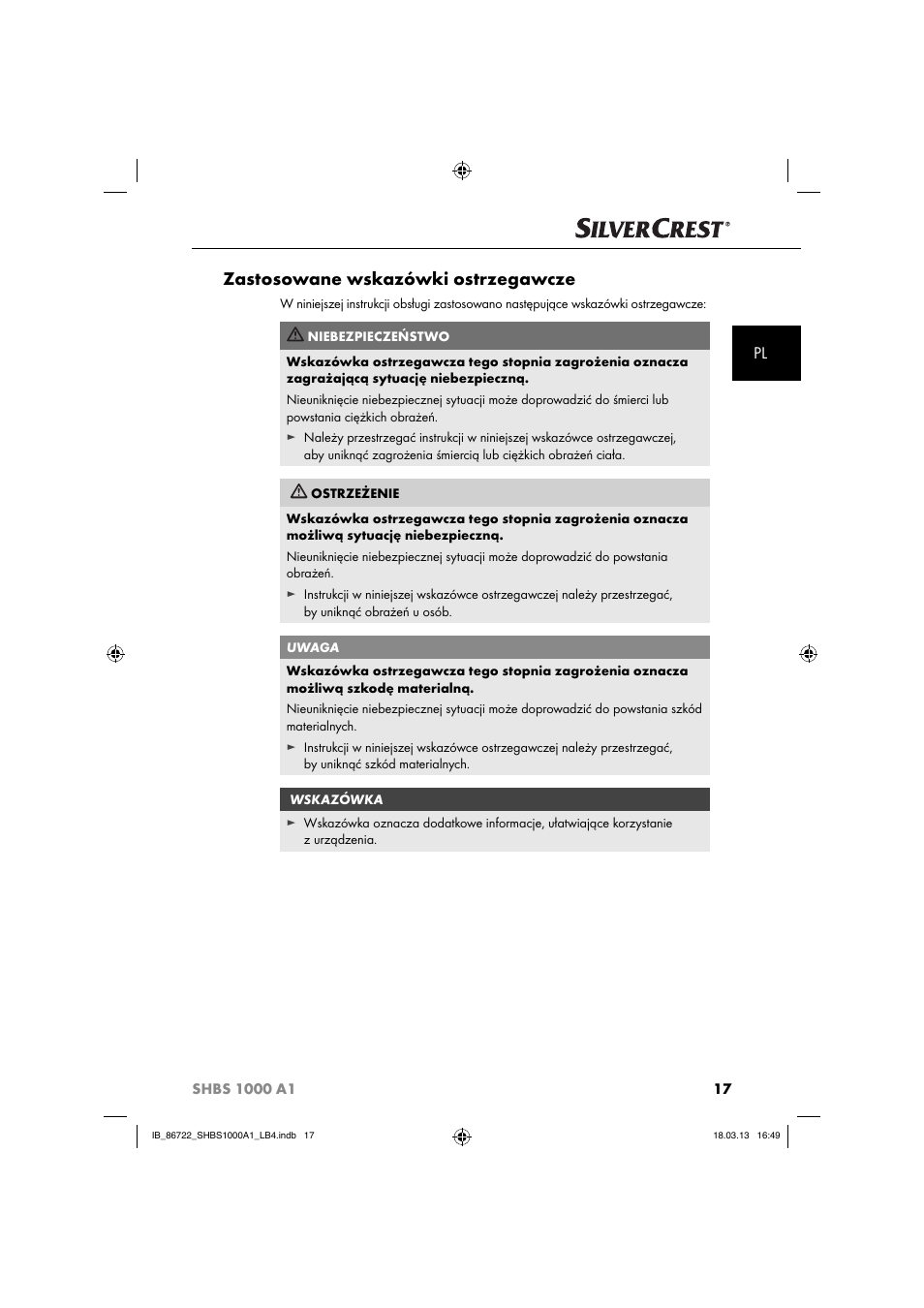Zastosowane wskazówki ostrzegawcze | Silvercrest SHBS 1000 A1 User Manual | Page 20 / 87