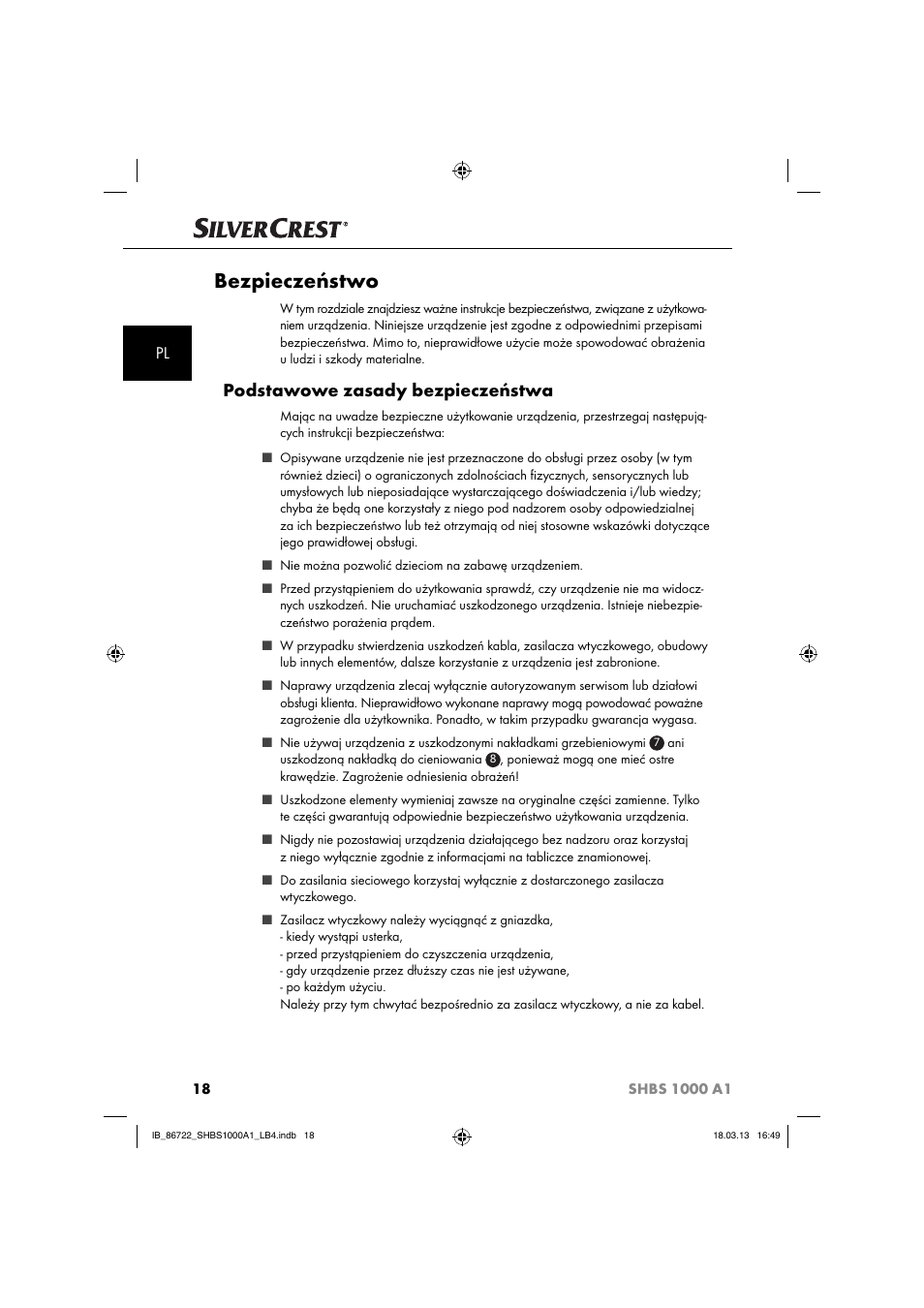 Bezpieczeństwo, Podstawowe zasady bezpieczeństwa | Silvercrest SHBS 1000 A1 User Manual | Page 21 / 87