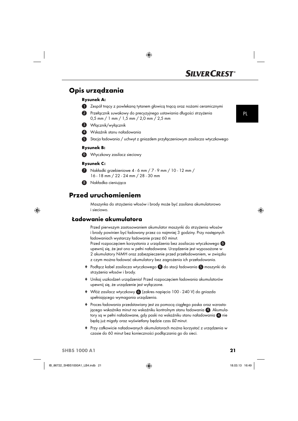 Opis urządzania, Przed uruchomieniem, Ładowanie akumulatora | Silvercrest SHBS 1000 A1 User Manual | Page 24 / 87