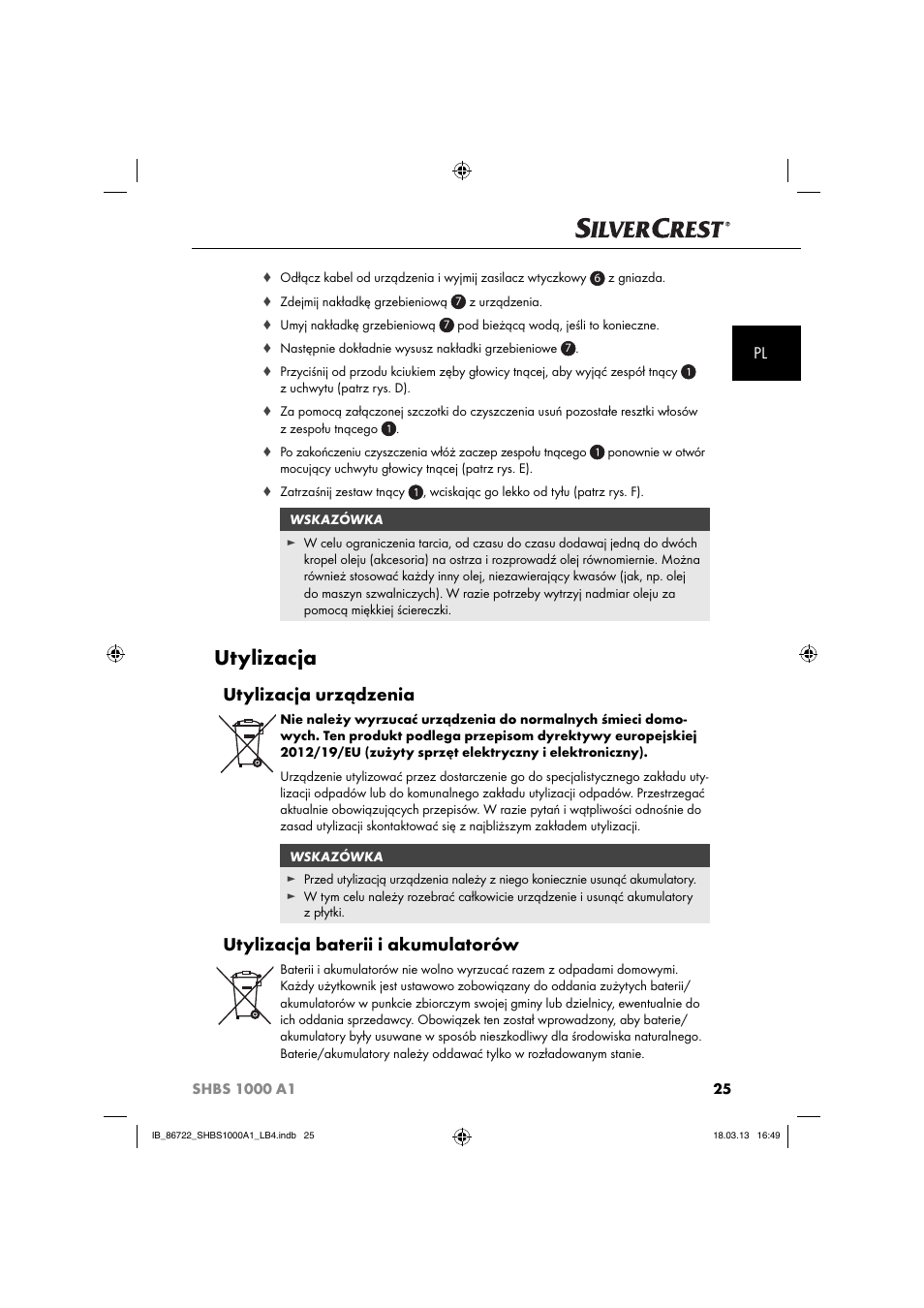 Utylizacja, Utylizacja urządzenia, Utylizacja baterii i akumulatorów | Silvercrest SHBS 1000 A1 User Manual | Page 28 / 87