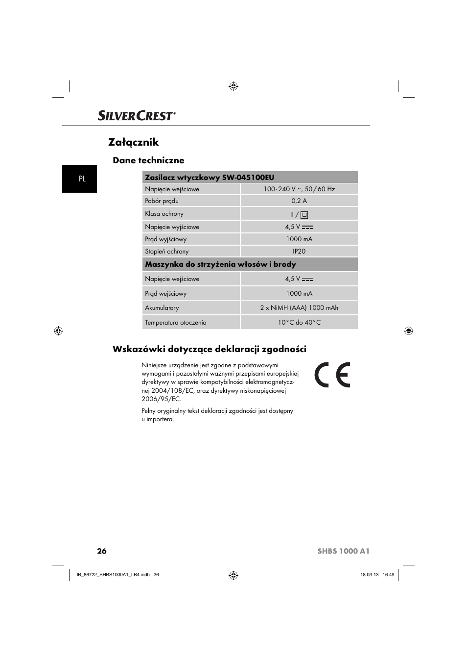 Załącznik, Dane techniczne, Wskazówki dotyczące deklaracji zgodności | Silvercrest SHBS 1000 A1 User Manual | Page 29 / 87