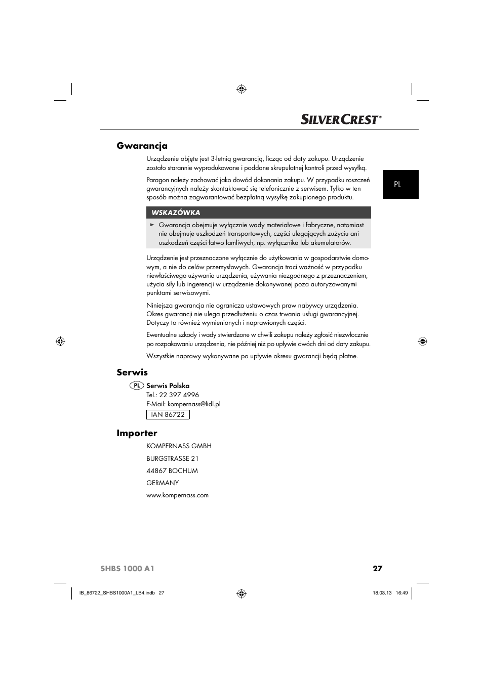 Gwarancja, Serwis, Importer | Silvercrest SHBS 1000 A1 User Manual | Page 30 / 87