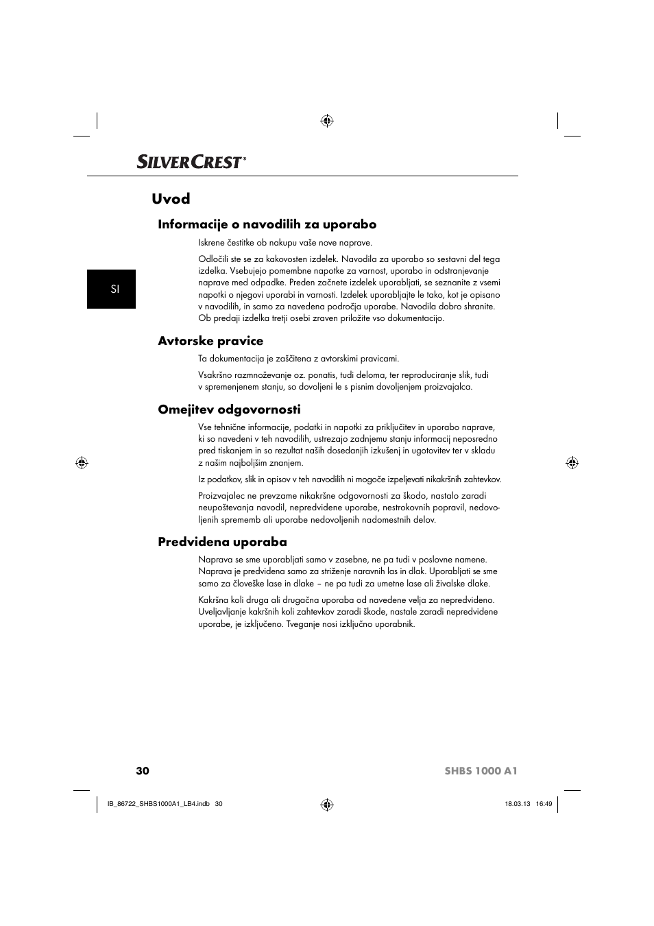 Uvod, Informacije o navodilih za uporabo, Avtorske pravice | Omejitev odgovornosti, Predvidena uporaba | Silvercrest SHBS 1000 A1 User Manual | Page 33 / 87