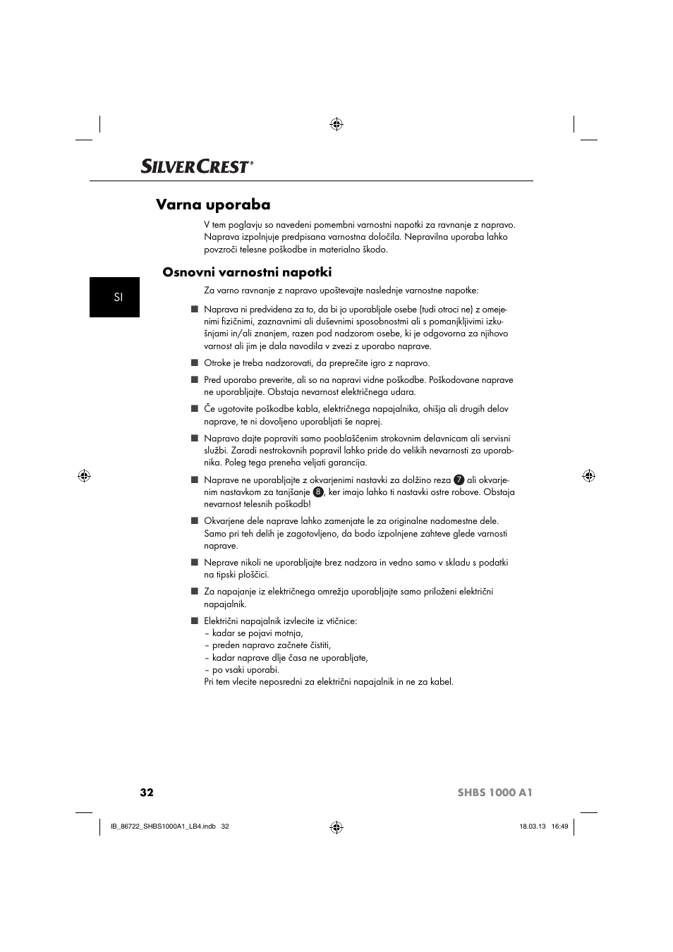 Varna uporaba, Osnovni varnostni napotki | Silvercrest SHBS 1000 A1 User Manual | Page 35 / 87