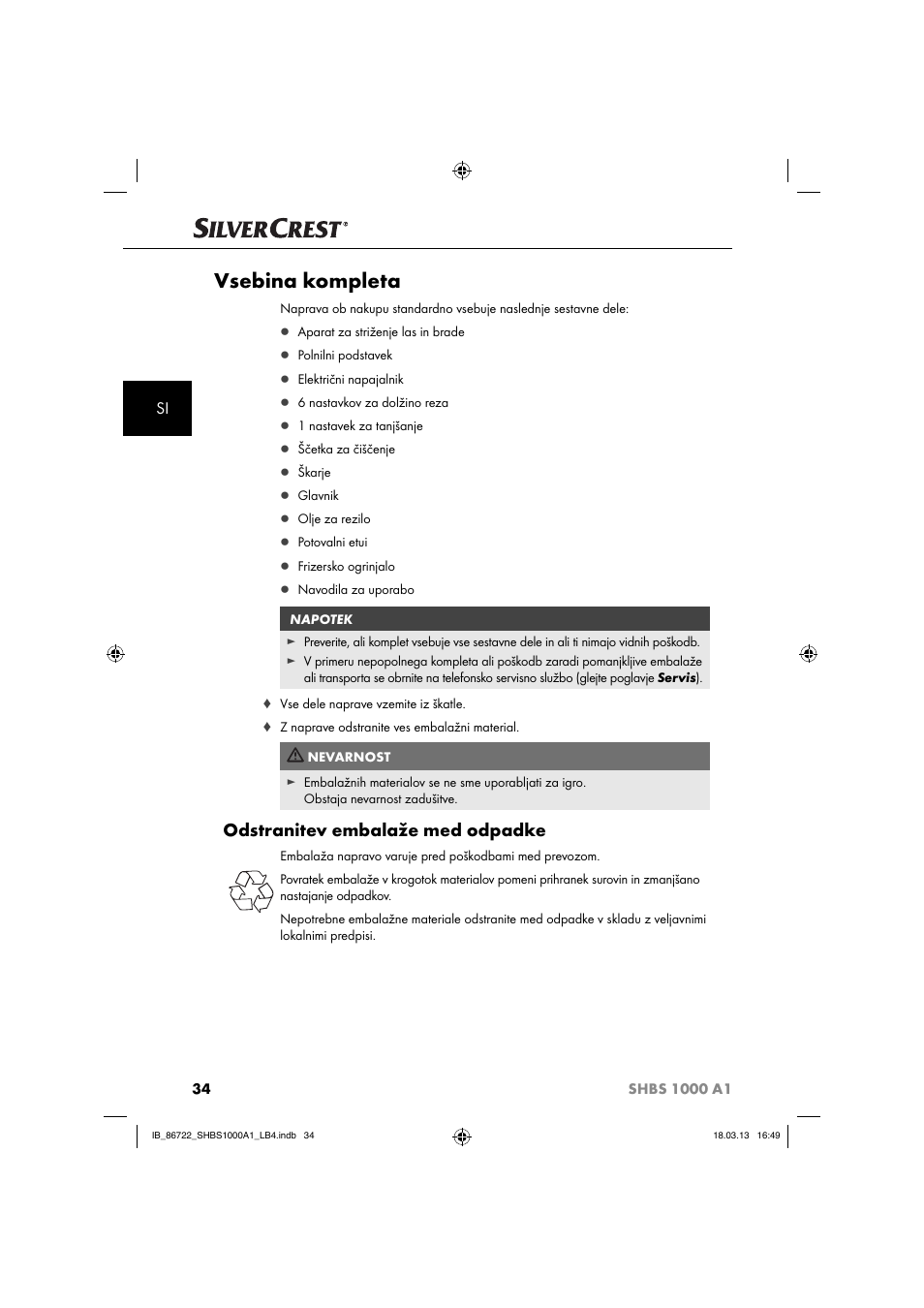 Vsebina kompleta, Odstranitev embalaže med odpadke | Silvercrest SHBS 1000 A1 User Manual | Page 37 / 87