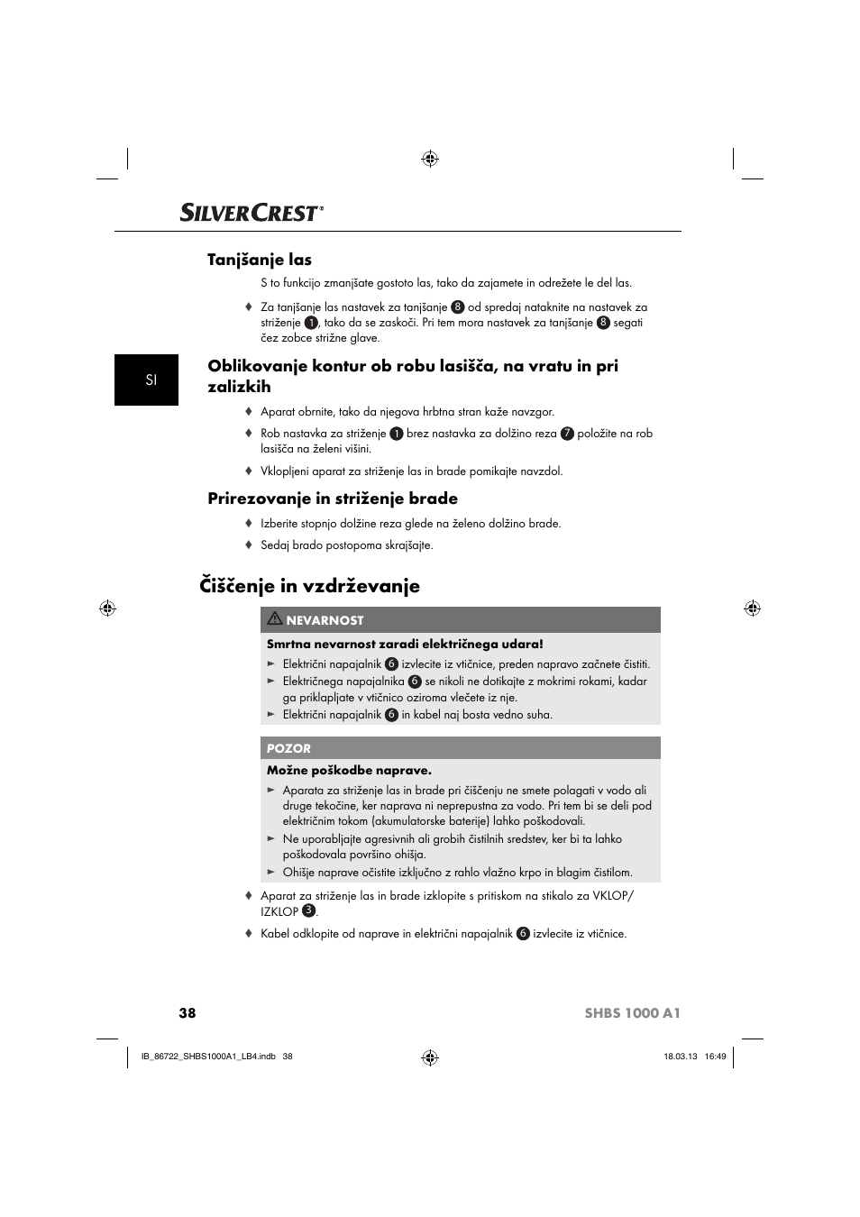 Čiščenje in vzdrževanje, Tanjšanje las, Prirezovanje in striženje brade | Silvercrest SHBS 1000 A1 User Manual | Page 41 / 87