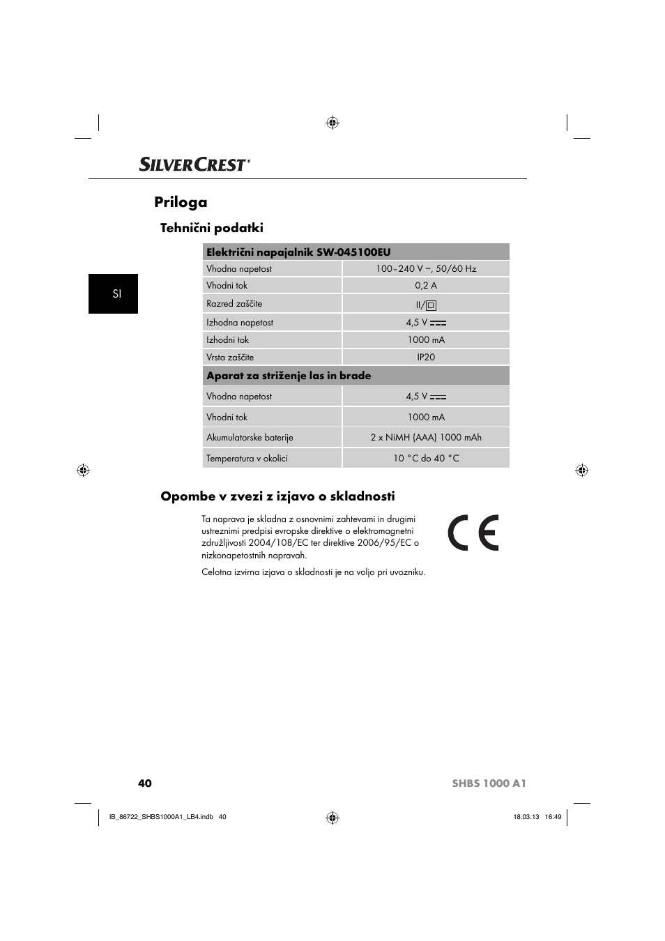 Priloga, Tehnični podatki, Opombe v zvezi z izjavo o skladnosti | Silvercrest SHBS 1000 A1 User Manual | Page 43 / 87