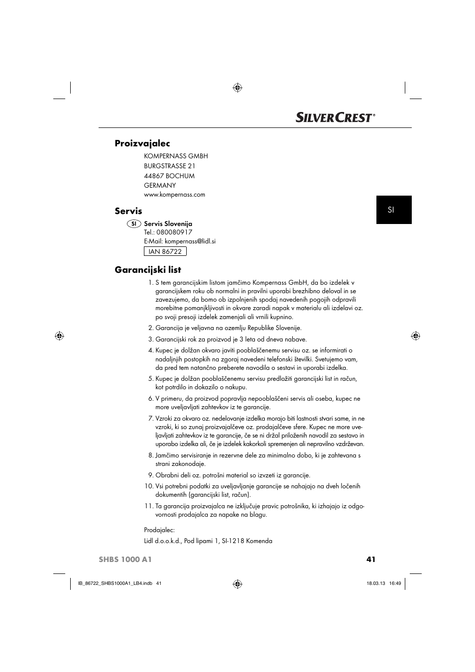 Proizvajalec, Servis, Garancijski list | Silvercrest SHBS 1000 A1 User Manual | Page 44 / 87