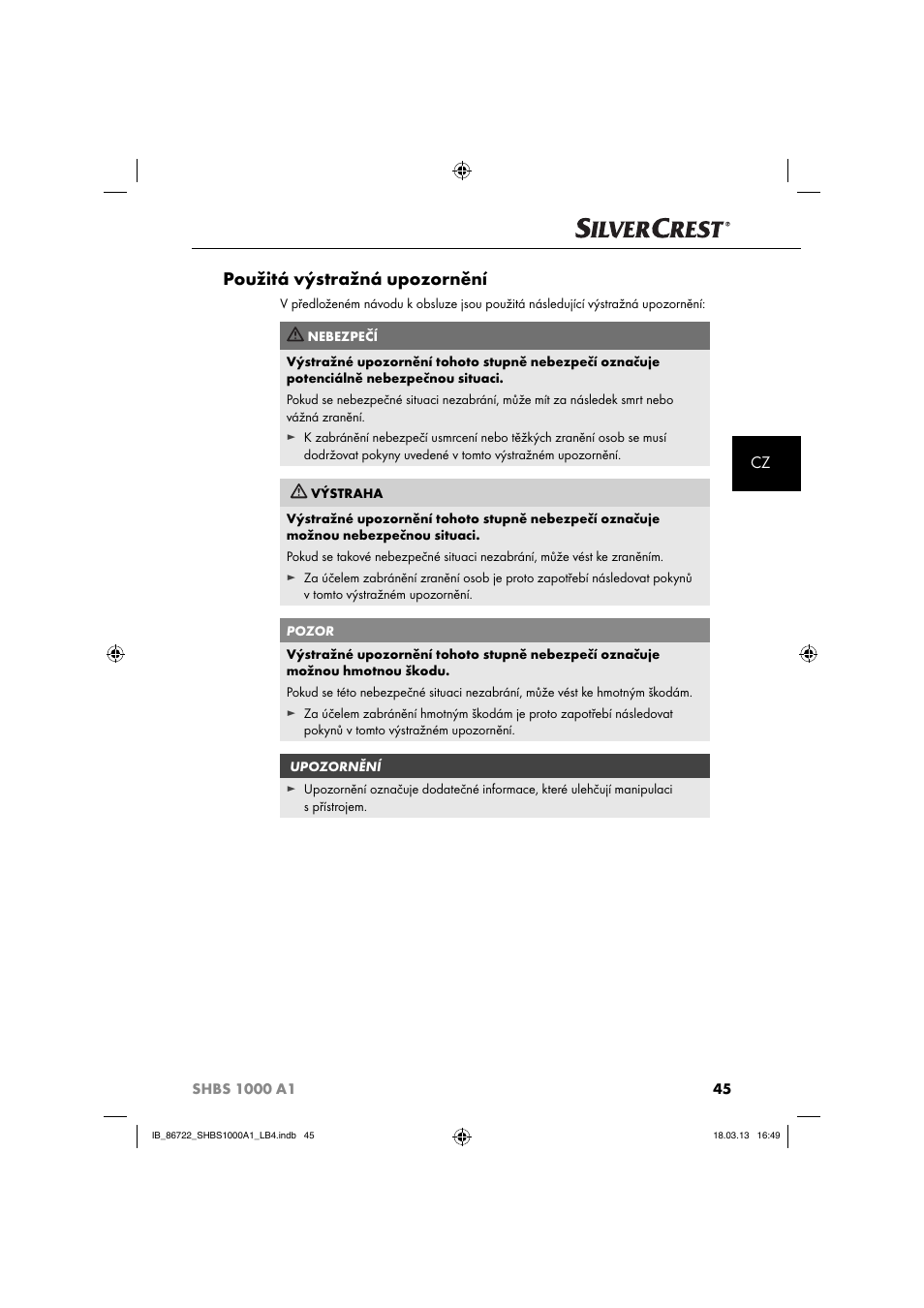 Použitá výstražná upozornění | Silvercrest SHBS 1000 A1 User Manual | Page 48 / 87
