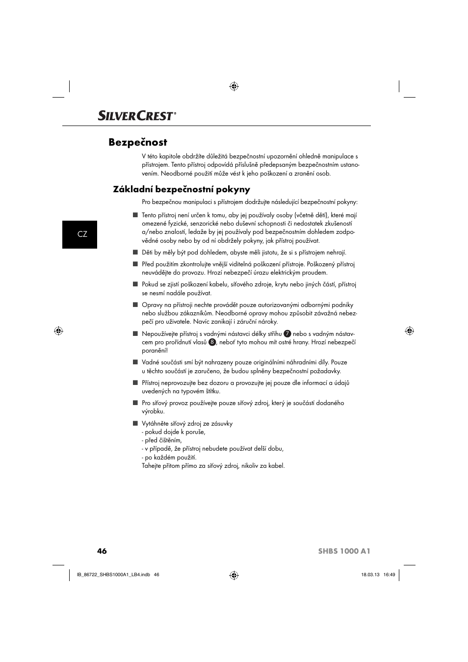 Bezpečnost, Základní bezpečnostní pokyny | Silvercrest SHBS 1000 A1 User Manual | Page 49 / 87