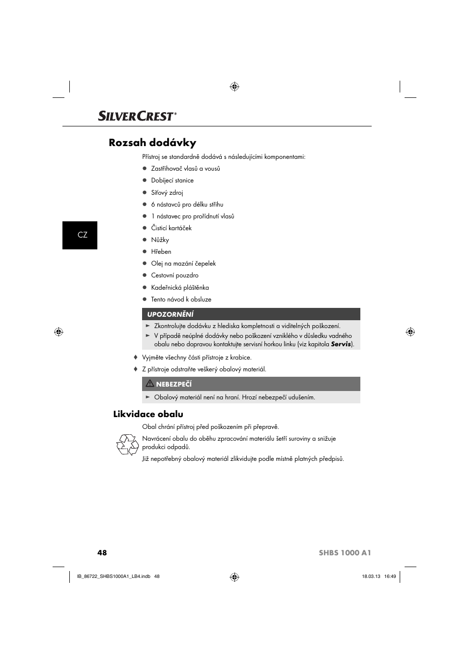 Rozsah dodávky, Likvidace obalu | Silvercrest SHBS 1000 A1 User Manual | Page 51 / 87