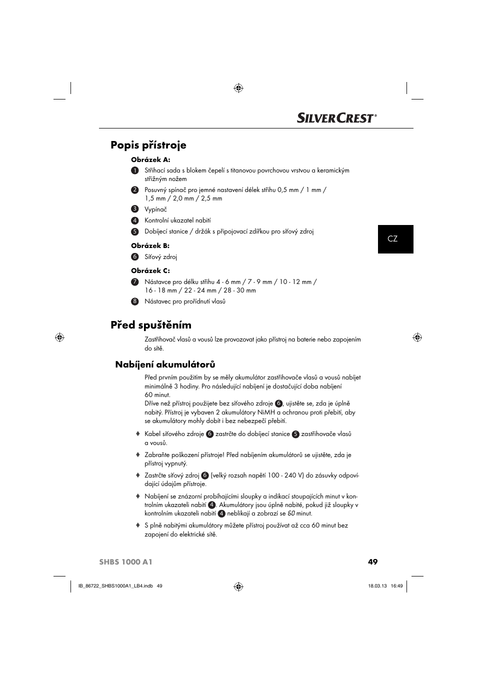 Popis přístroje, Před spuštěním, Nabíjení akumulátorů | Silvercrest SHBS 1000 A1 User Manual | Page 52 / 87