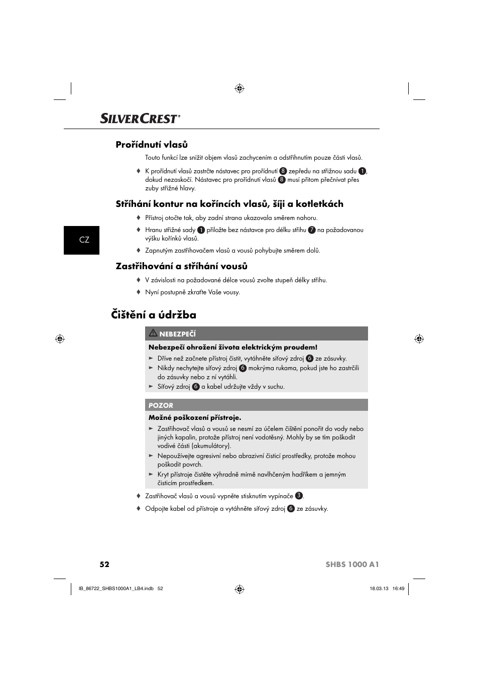 Čištění a údržba, Prořídnutí vlasů, Zastřihování a stříhání vousů | Silvercrest SHBS 1000 A1 User Manual | Page 55 / 87