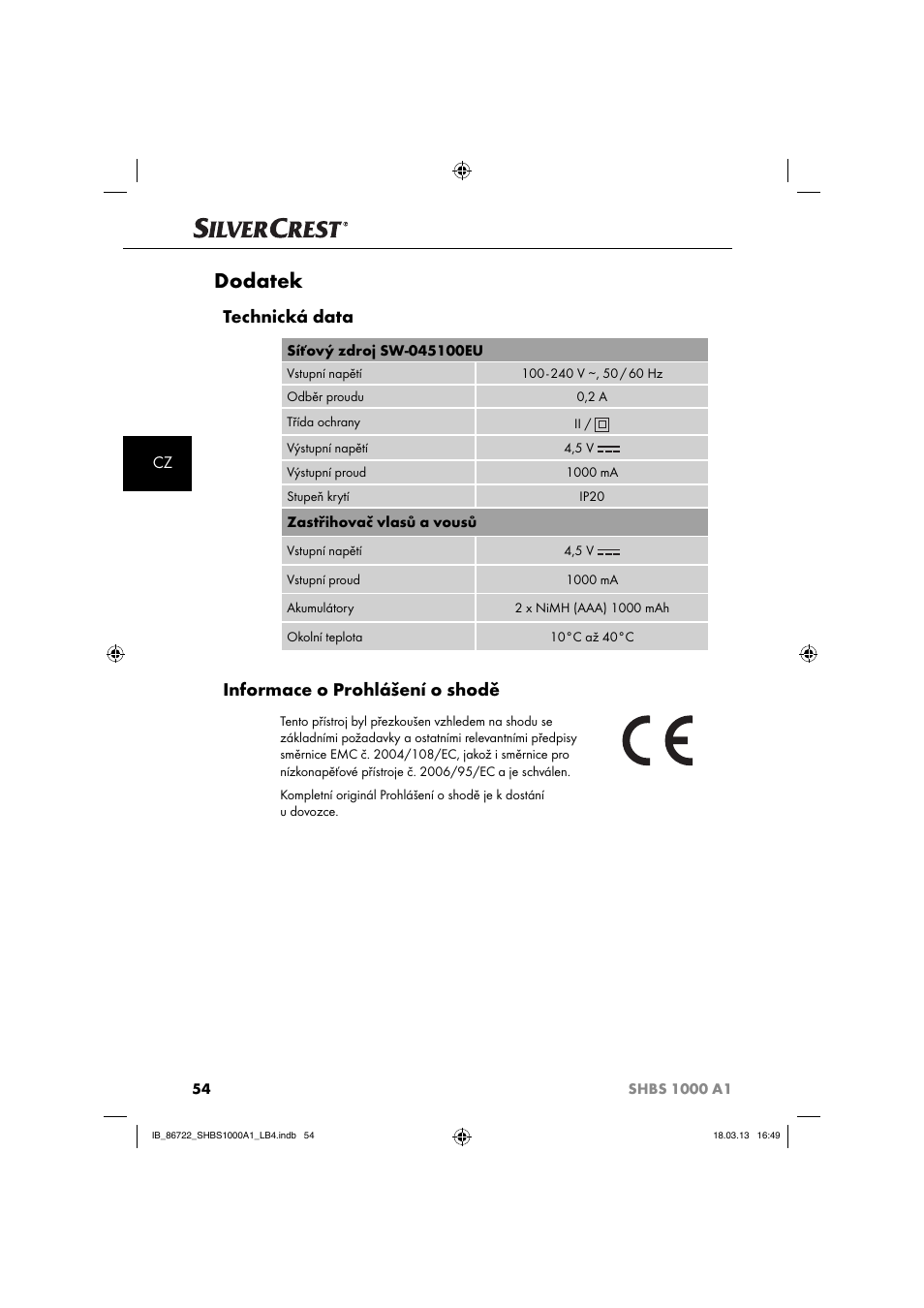 Dodatek, Technická data, Informace o prohlášení o shodě | Silvercrest SHBS 1000 A1 User Manual | Page 57 / 87