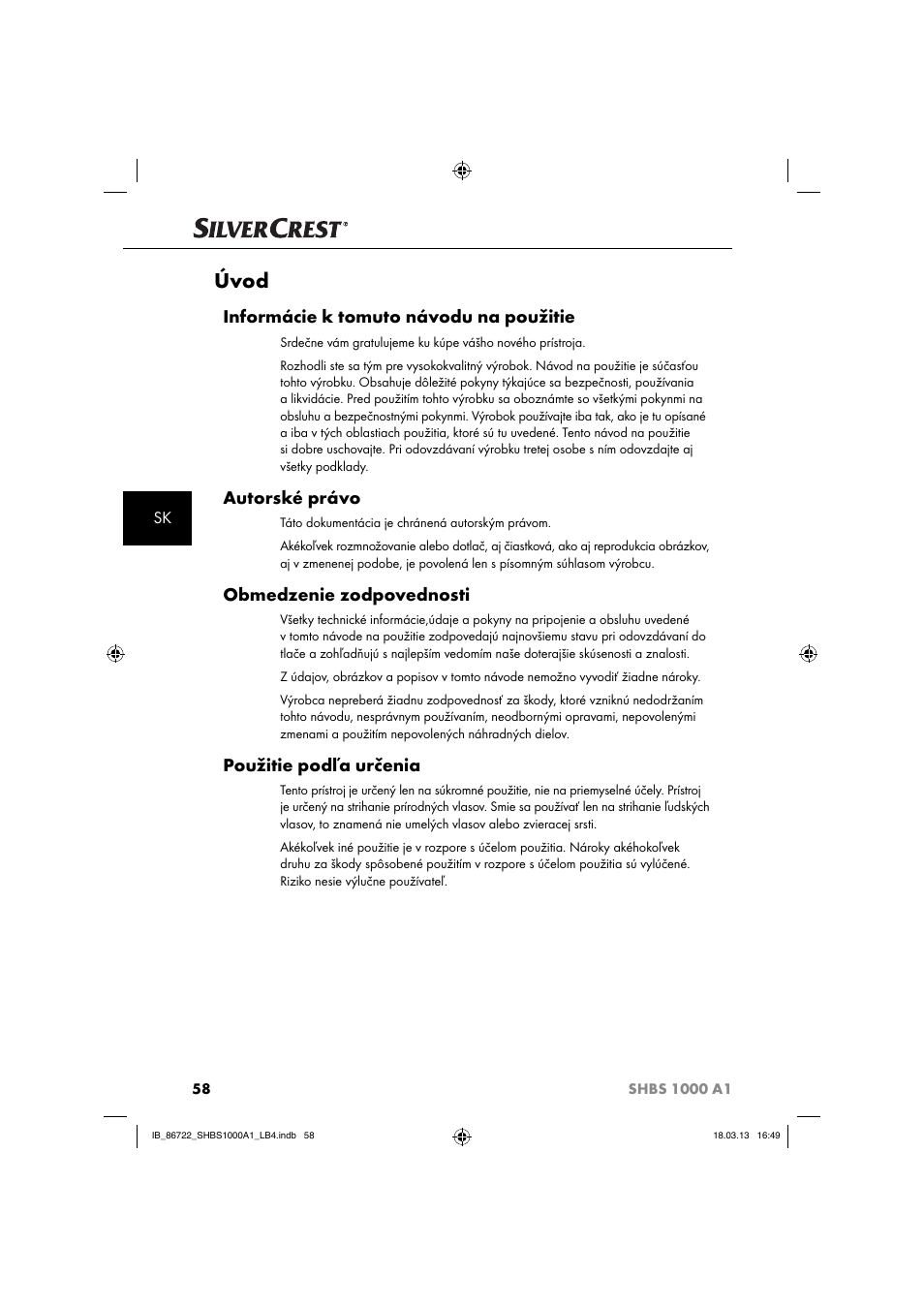 Úvod, Informácie k tomuto návodu na použitie, Autorské právo | Obmedzenie zodpovednosti, Použitie podľa určenia | Silvercrest SHBS 1000 A1 User Manual | Page 61 / 87