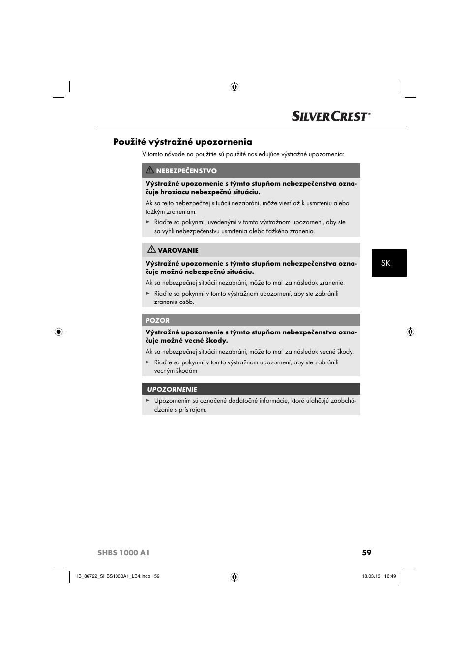 Použité výstražné upozornenia | Silvercrest SHBS 1000 A1 User Manual | Page 62 / 87