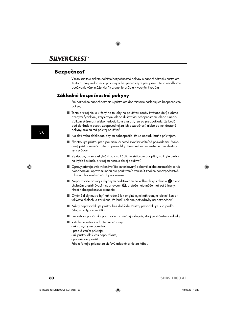 Bezpečnosť, Základné bezpečnostné pokyny | Silvercrest SHBS 1000 A1 User Manual | Page 63 / 87