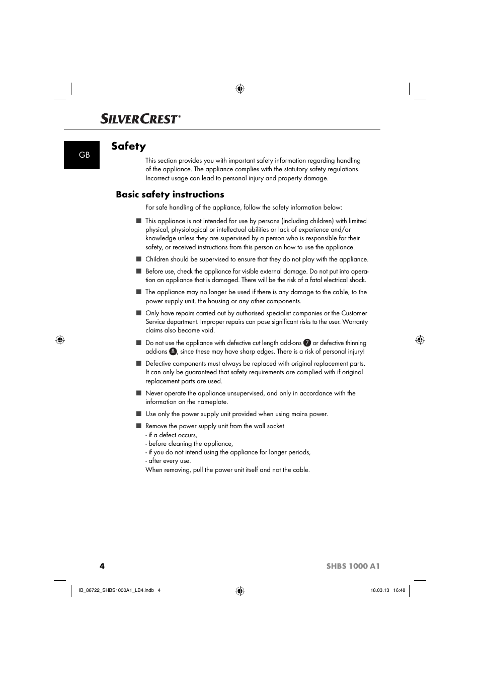 Safety, Basic safety instructions | Silvercrest SHBS 1000 A1 User Manual | Page 7 / 87