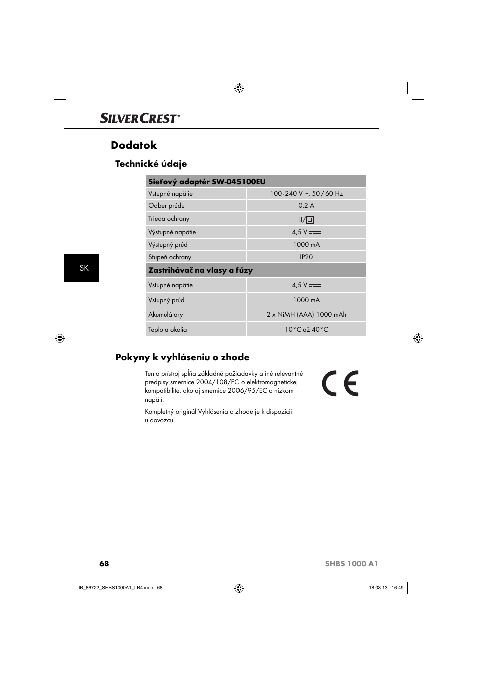 Dodatok, Technické údaje, Pokyny k vyhláseniu o zhode | Silvercrest SHBS 1000 A1 User Manual | Page 71 / 87