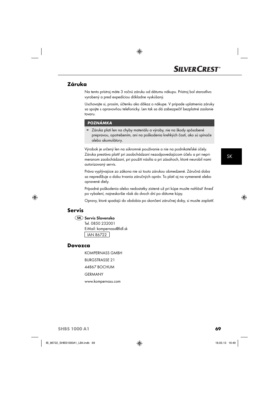 Záruka, Servis, Dovozca | Silvercrest SHBS 1000 A1 User Manual | Page 72 / 87