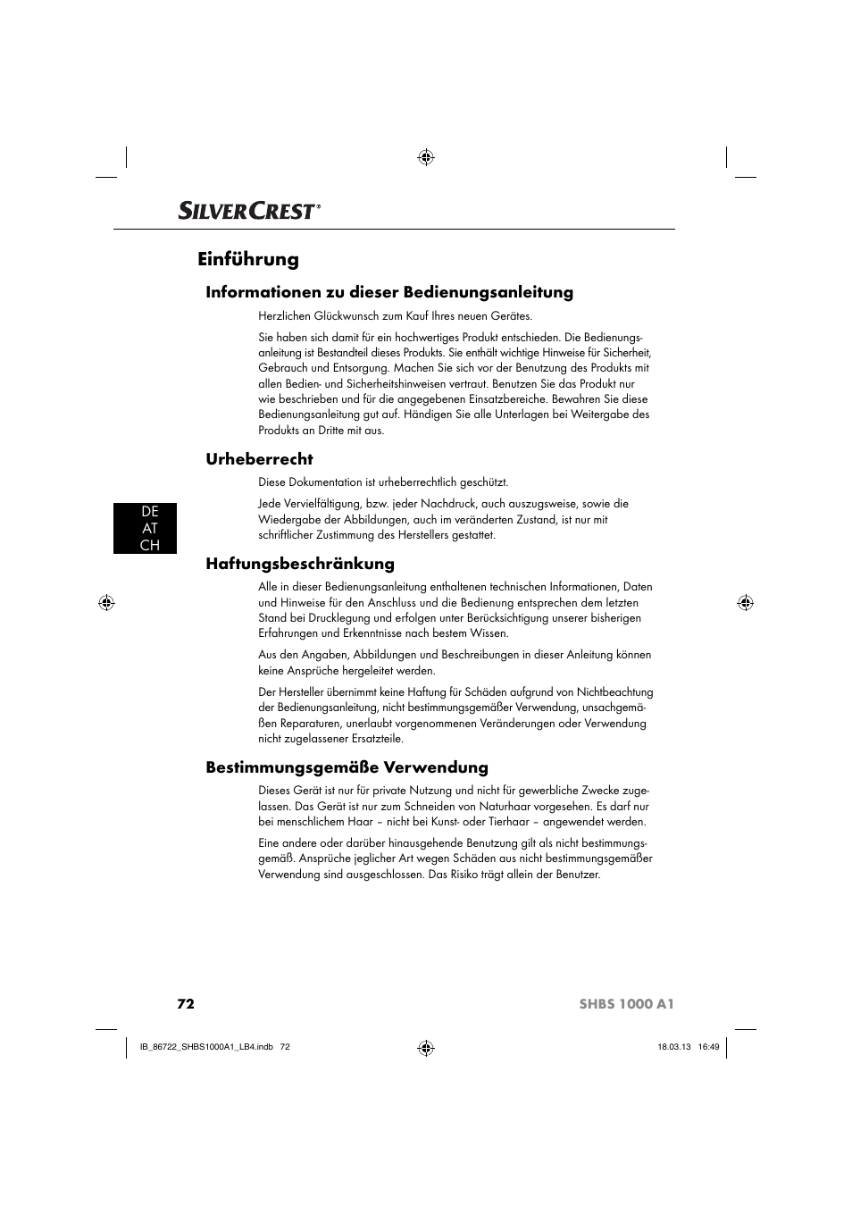 Einführung, Informationen zu dieser bedienungsanleitung, Urheberrecht | Haftungsbeschränkung, Bestimmungsgemäße verwendung, De at ch | Silvercrest SHBS 1000 A1 User Manual | Page 75 / 87