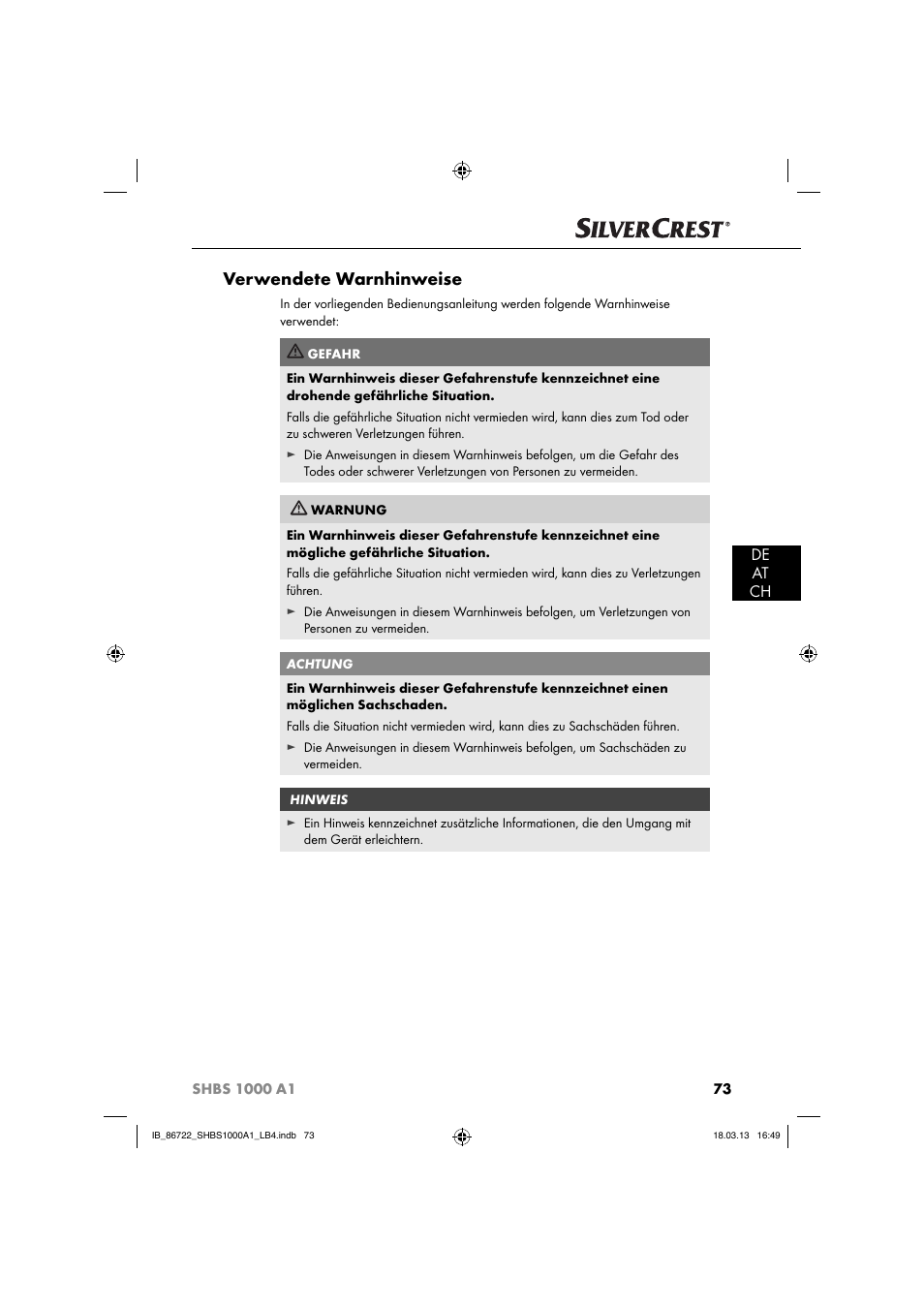 Verwendete warnhinweise, De at ch | Silvercrest SHBS 1000 A1 User Manual | Page 76 / 87
