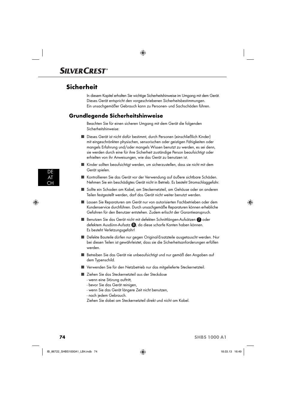 Sicherheit, Grundlegende sicherheitshinweise, De at ch | Silvercrest SHBS 1000 A1 User Manual | Page 77 / 87