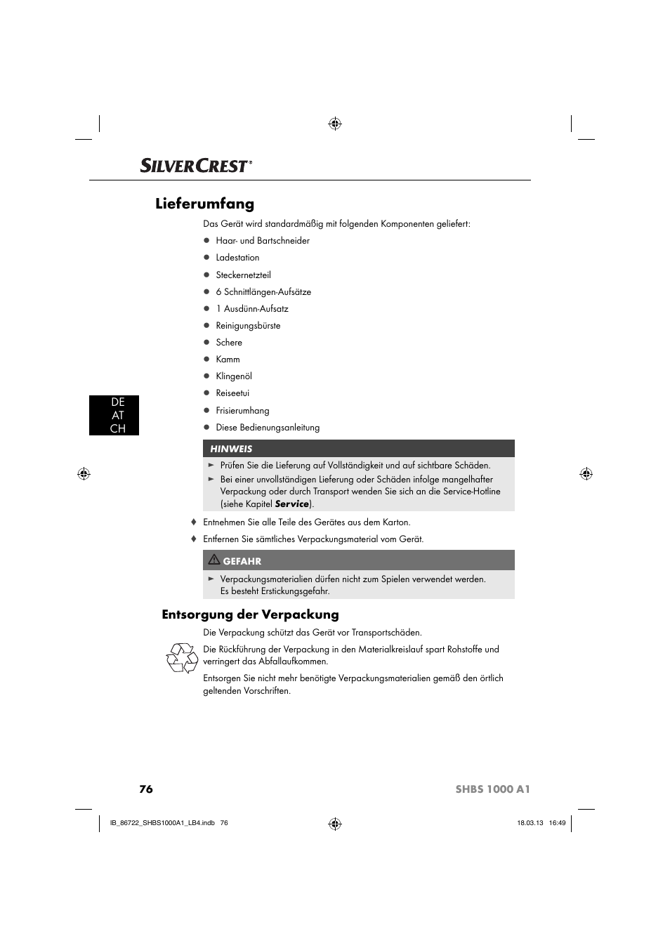 Lieferumfang, Entsorgung der verpackung, De at ch | Silvercrest SHBS 1000 A1 User Manual | Page 79 / 87