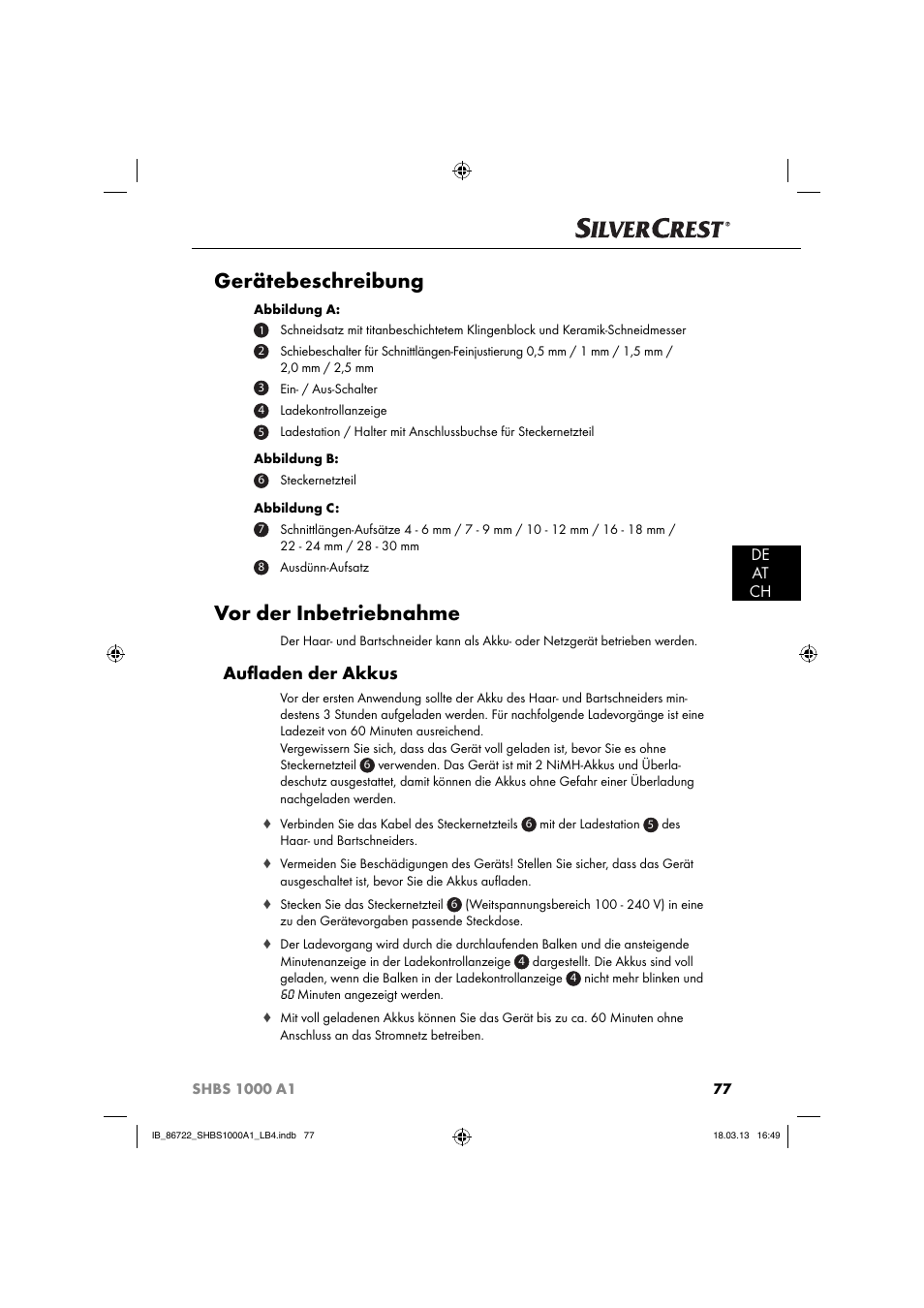 Gerätebeschreibung, Vor der inbetriebnahme, Auﬂ aden der akkus | De at ch | Silvercrest SHBS 1000 A1 User Manual | Page 80 / 87