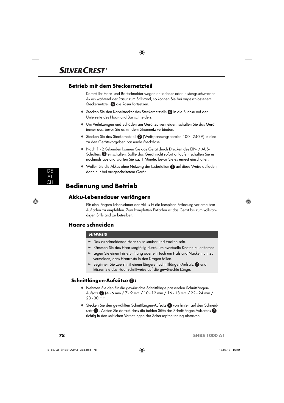 Bedienung und betrieb, Betrieb mit dem steckernetzteil, Akku-lebensdauer verlängern | Haare schneiden, De at ch, Schnittlängen-aufsätze | Silvercrest SHBS 1000 A1 User Manual | Page 81 / 87