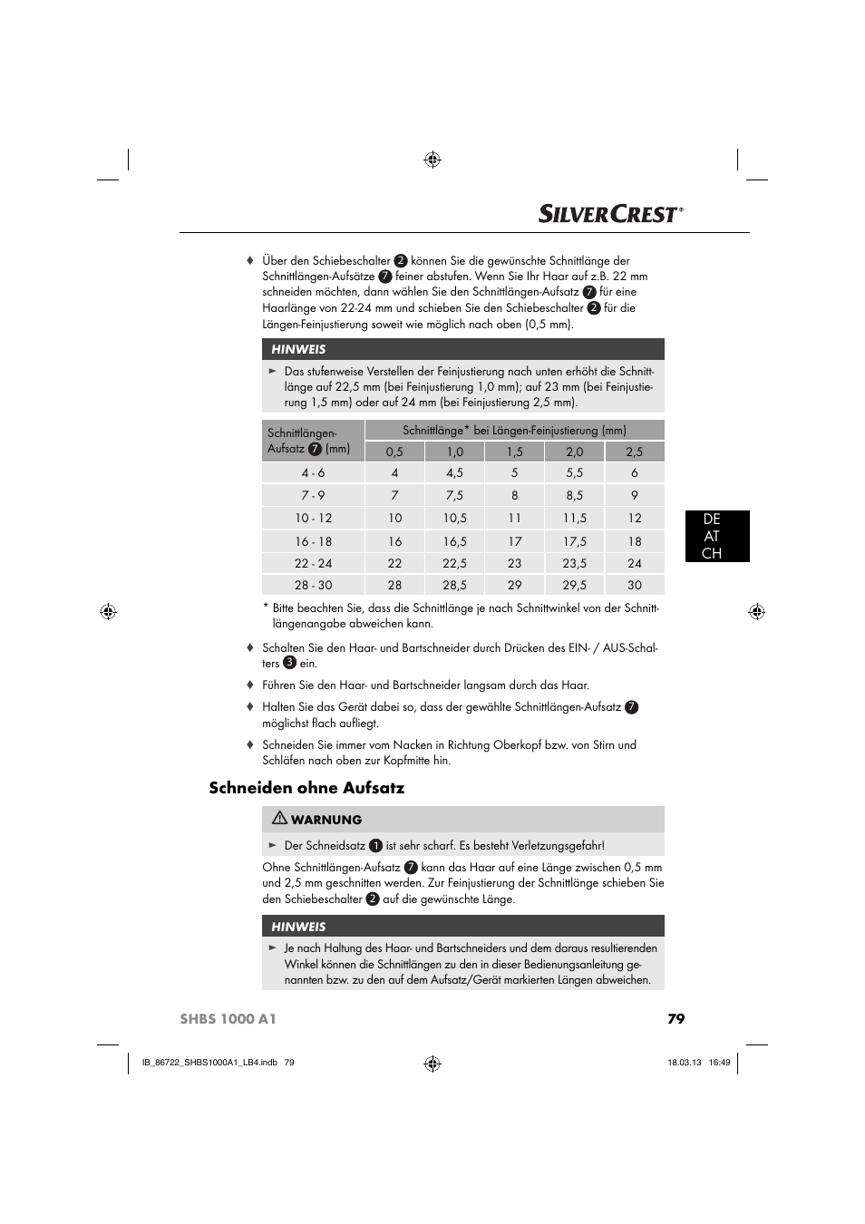 Schneiden ohne aufsatz, De at ch | Silvercrest SHBS 1000 A1 User Manual | Page 82 / 87